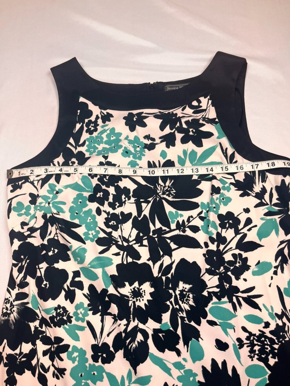 Jessica Howard Floral Sheath Dress 16 Black White Teal Colorblock Sleeveless - Picture 4 of 9